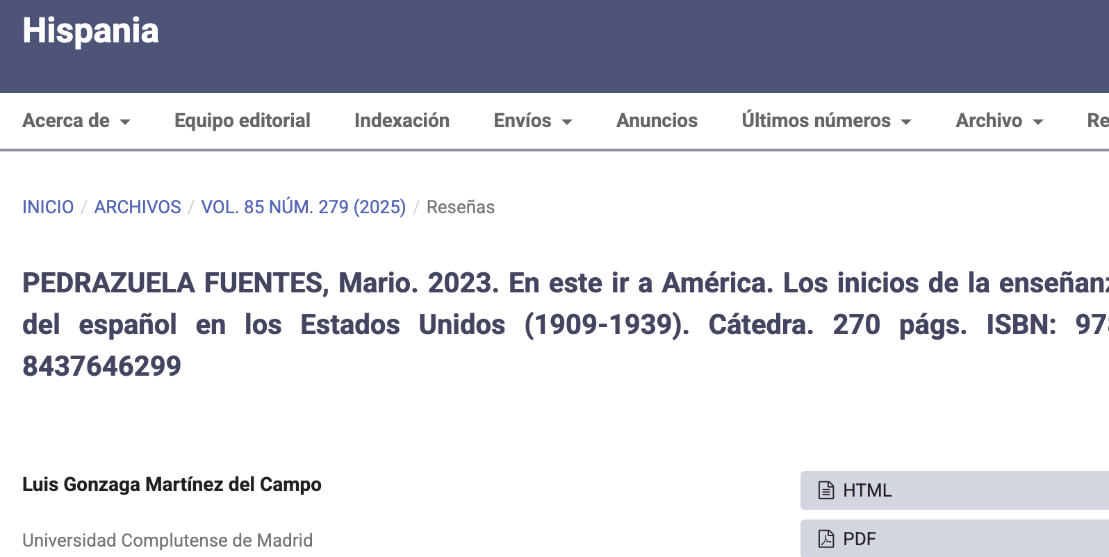 Reseña de En este ir a América. Los inicios de la enseñanza del español en los Estados Unidos (1909-1939)